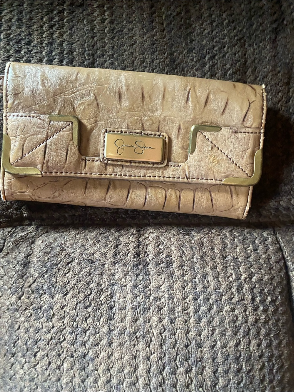 Jessica Simpson Taupe Croc-Embossed Fold Wallet with Gold Accents